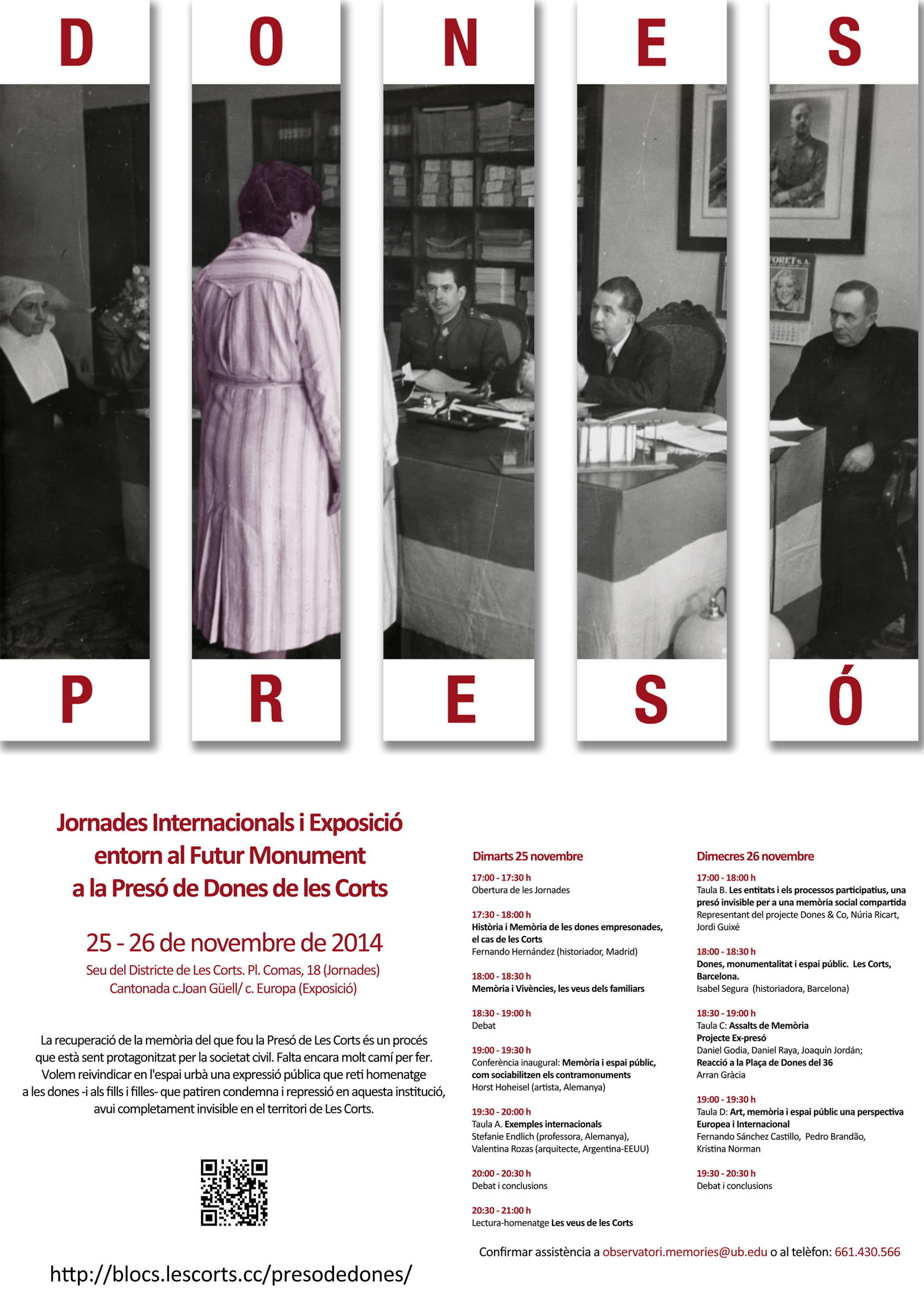 Cartel de las Jornadas Internacionales y Exposición sobre el futuro monumento Cárcel de mujeres de Les Corts, noviembre 2014