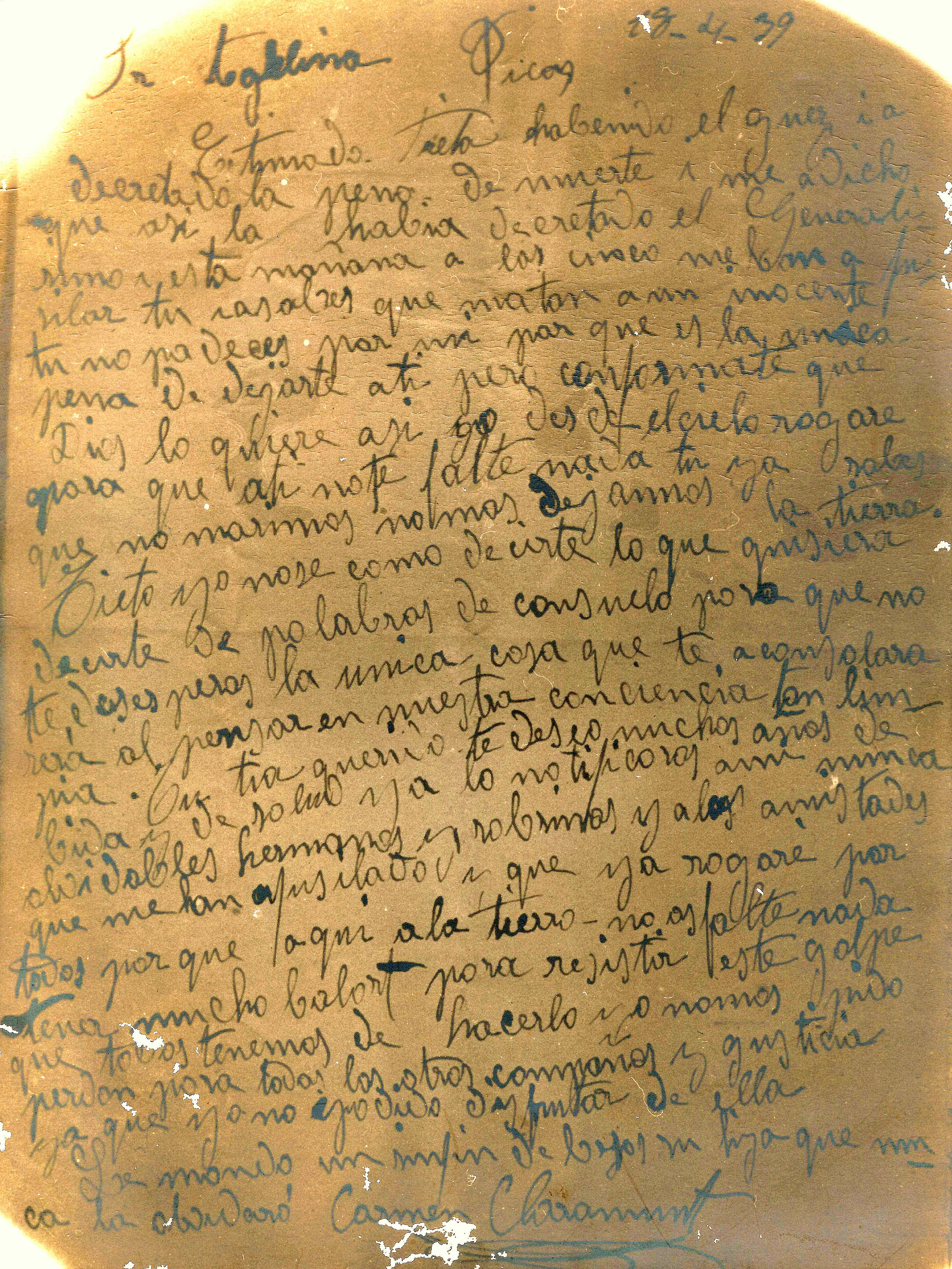 Archivo familiar. Primera carta de despedida de Carme Claramunt Barot a Angelina Picas Coromina.