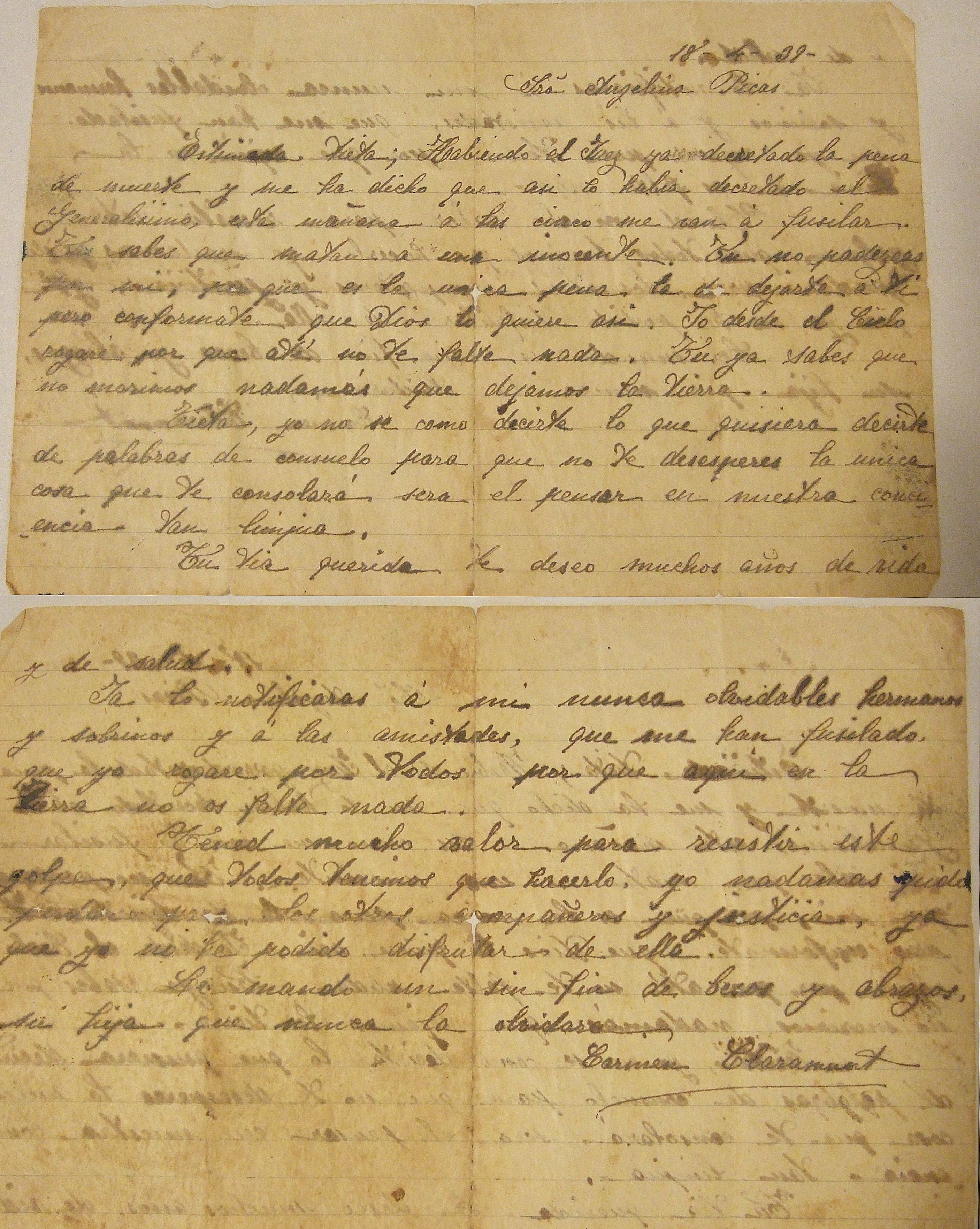 Archivo de Joan Mercadé Rius. Transcripción de la carta de despedida de Carme Claramunt a Angelina Picas Coromina.