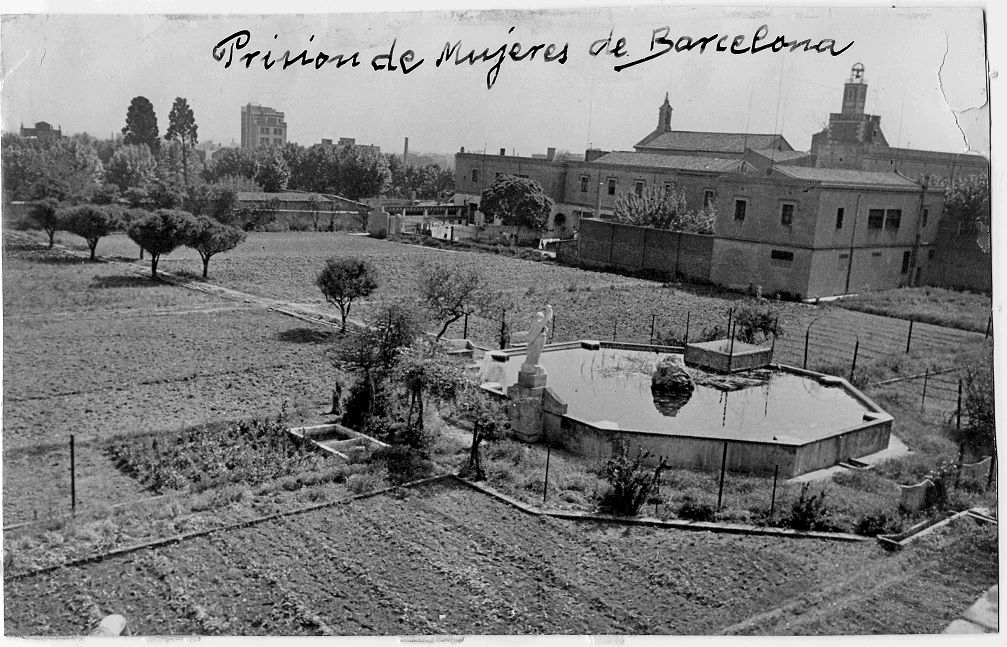 Exterior view of Les Corts Prison building, garden and orchard
