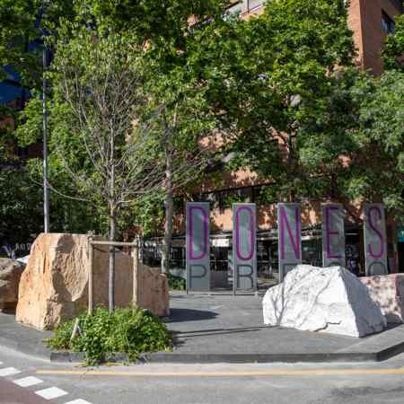General view of the Monument. On the left, Solsona's stone. Platform Future Monument Prison of Women of Les Corts 